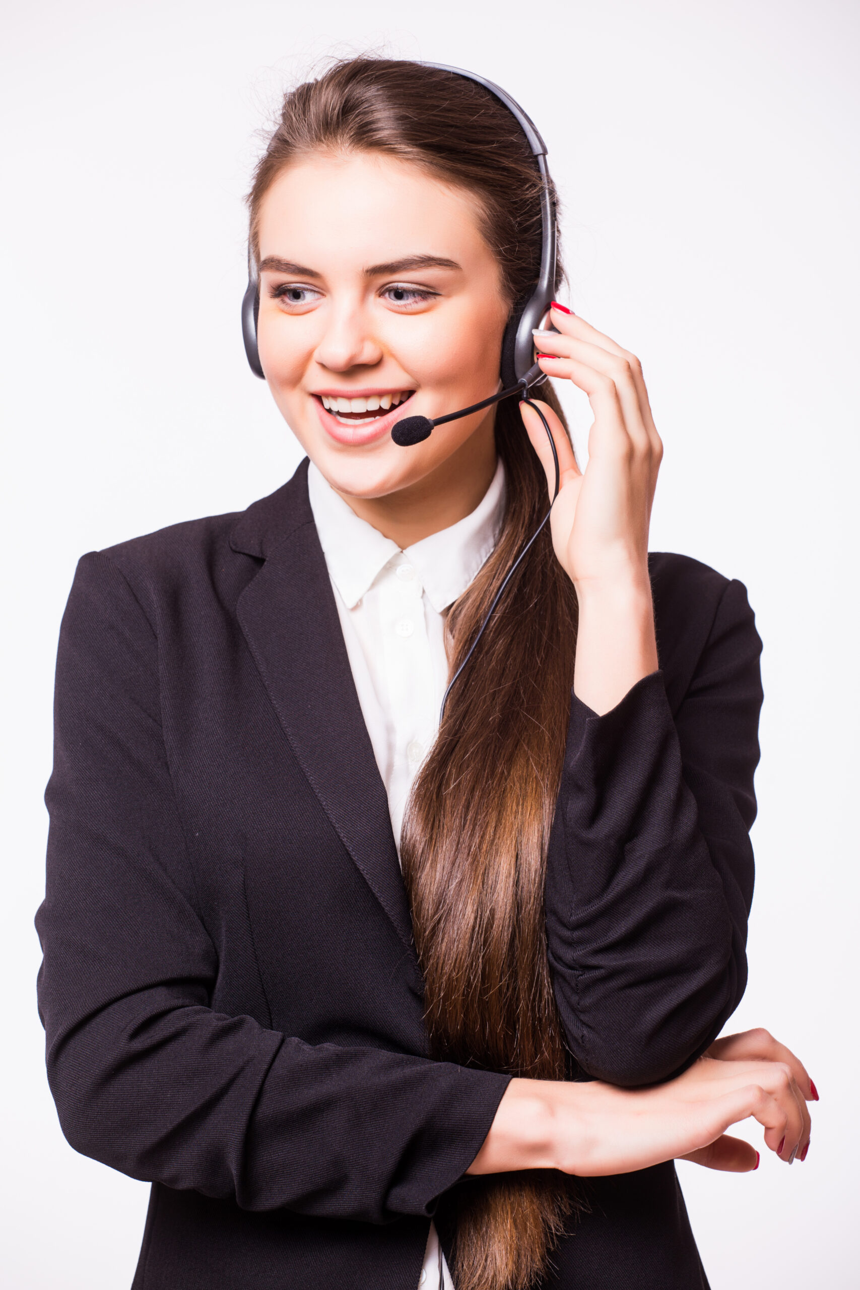 Portrait of happy smiling cheerful beautiful young customer support phone operator in headset over white background Portrait of happy smiling cheerful beautiful young customer support phone operator in headset, isolated over white background